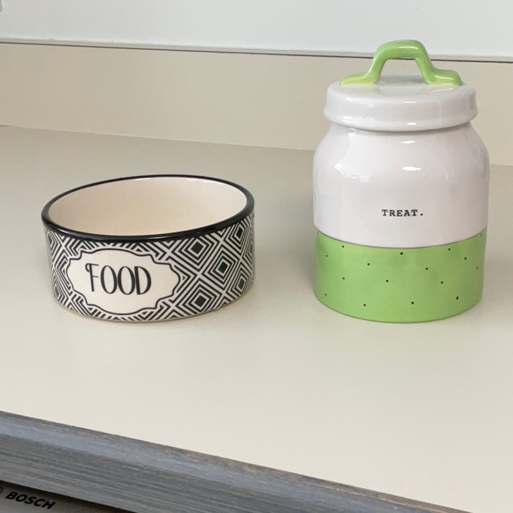 Rae Dunn treats jar new with tags. Pet rageous designs! Food bowl never used.